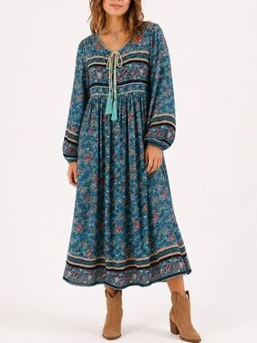 Boutique Boho Prairie Midi Dress Teal Blue Floral Tassel Tie Medium